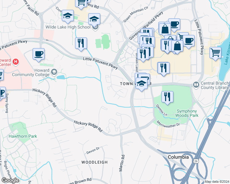 map of restaurants, bars, coffee shops, grocery stores, and more near 6050 Weekend Way in Columbia