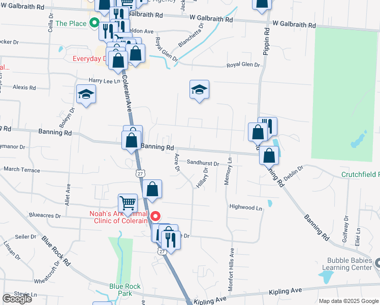 map of restaurants, bars, coffee shops, grocery stores, and more near 2781 Banning Road in Cincinnati