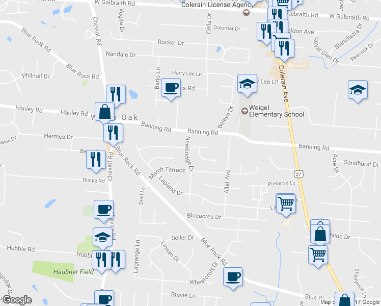 map of restaurants, bars, coffee shops, grocery stores, and more near 3344 Melodymanor Drive in Cincinnati