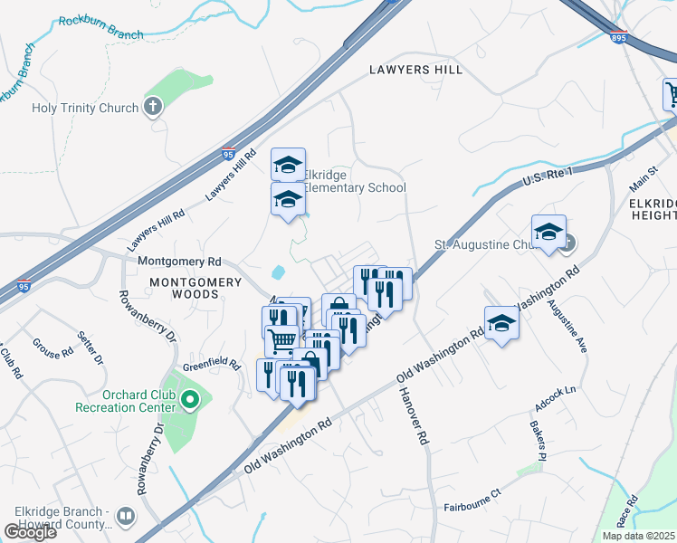map of restaurants, bars, coffee shops, grocery stores, and more near 7027 Mahant Way in Elkridge