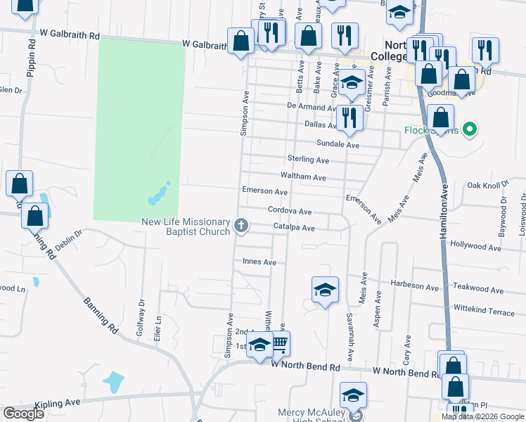 map of restaurants, bars, coffee shops, grocery stores, and more near 1945 Emerson Avenue in Cincinnati