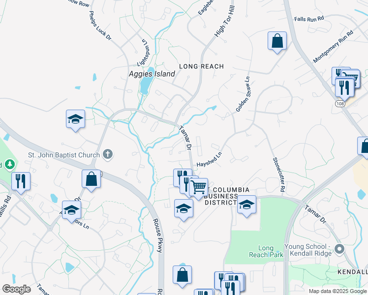 map of restaurants, bars, coffee shops, grocery stores, and more near 8860 Tamebird Court in Columbia