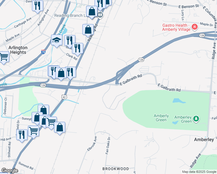 map of restaurants, bars, coffee shops, grocery stores, and more near 2120 East Galbraith Road in Reading