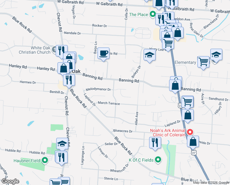 map of restaurants, bars, coffee shops, grocery stores, and more near 3344 Melodymanor Drive in Cincinnati