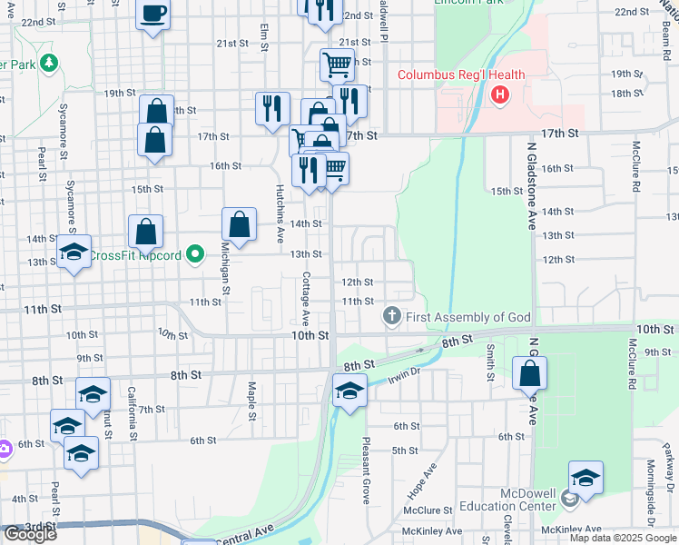 map of restaurants, bars, coffee shops, grocery stores, and more near 1303 Central Avenue in Columbus