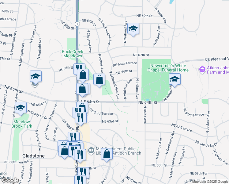 map of restaurants, bars, coffee shops, grocery stores, and more near 6500 North Bellefontaine Avenue in Gladstone
