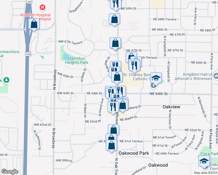 map of restaurants, bars, coffee shops, grocery stores, and more near 203 Northeast 65th Street in Kansas City