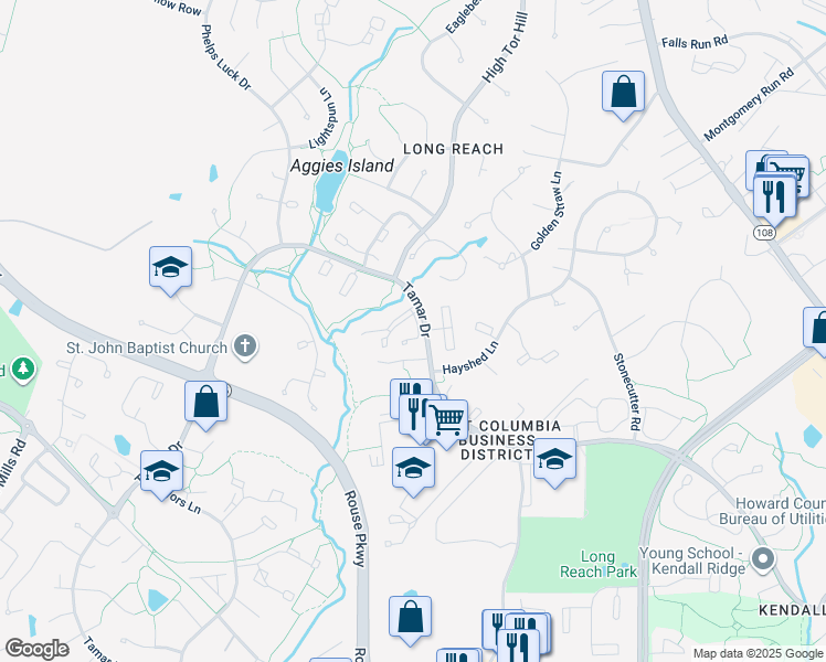 map of restaurants, bars, coffee shops, grocery stores, and more near 8858 Tamebird Court in Columbia