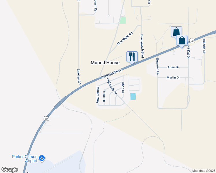 map of restaurants, bars, coffee shops, grocery stores, and more near 403 Traci Lane in Mound House