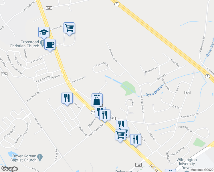 map of restaurants, bars, coffee shops, grocery stores, and more near 62 Family Circle in Dover
