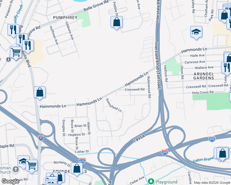 map of restaurants, bars, coffee shops, grocery stores, and more near 715 Hammonds Lane in Brooklyn Park
