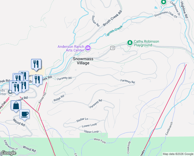 map of restaurants, bars, coffee shops, grocery stores, and more near 416 Faraway Road in Snowmass Village