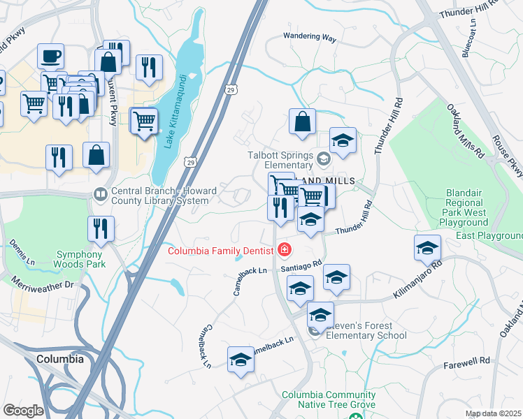 map of restaurants, bars, coffee shops, grocery stores, and more near 5866 Stevens Forest Road in Columbia