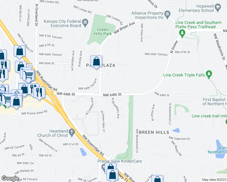 map of restaurants, bars, coffee shops, grocery stores, and more near 4205 Northwest 64th Place in Kansas City
