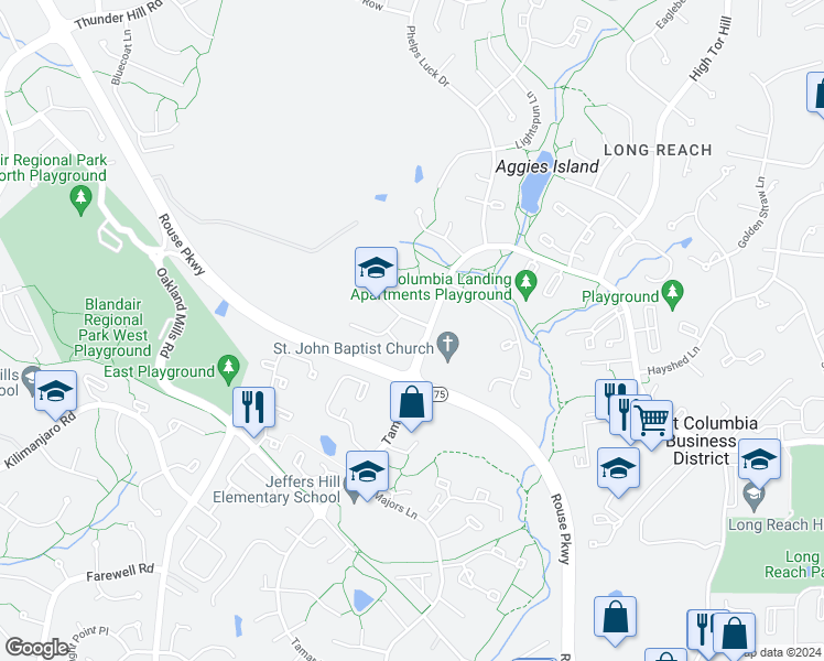 map of restaurants, bars, coffee shops, grocery stores, and more near 9059 Flamepool Way in Columbia