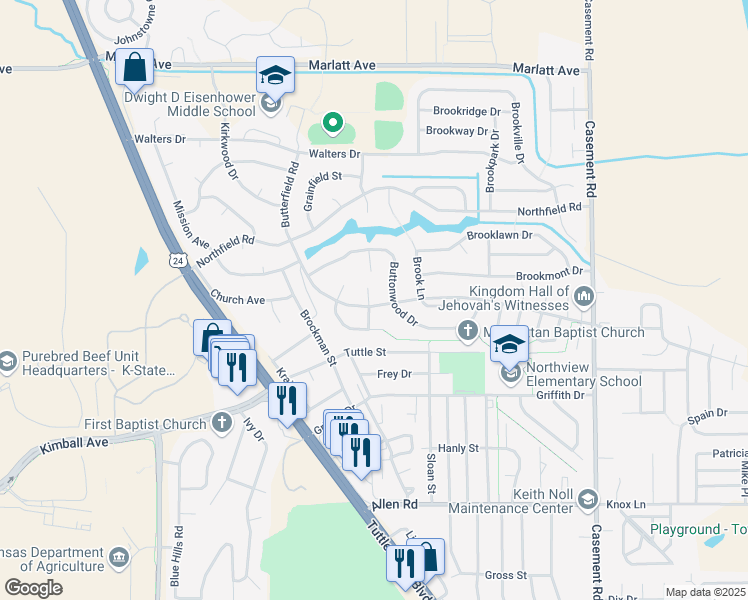 map of restaurants, bars, coffee shops, grocery stores, and more near 2500 Purcell's Mill in Manhattan