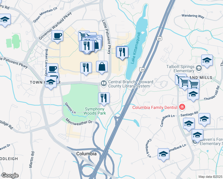 map of restaurants, bars, coffee shops, grocery stores, and more near 10370 Swift Stream Place in Columbia