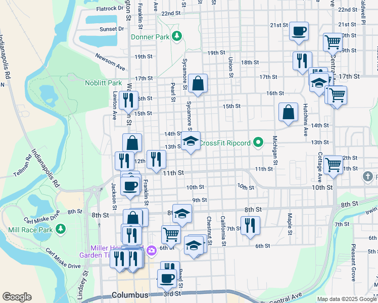 map of restaurants, bars, coffee shops, grocery stores, and more near 1220 Sycamore Street in Columbus