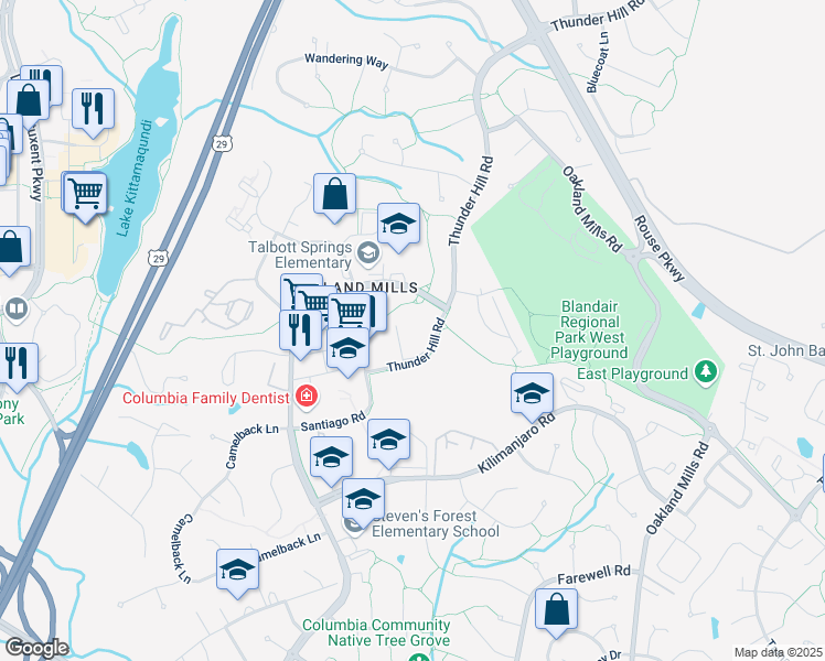 map of restaurants, bars, coffee shops, grocery stores, and more near 5858 Thunder Hill Road in Columbia
