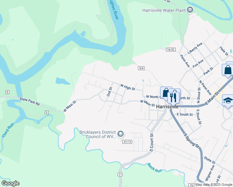 map of restaurants, bars, coffee shops, grocery stores, and more near 215 Memorial St in Harrisville
