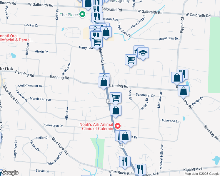 map of restaurants, bars, coffee shops, grocery stores, and more near 2966 Banning Road in Cincinnati