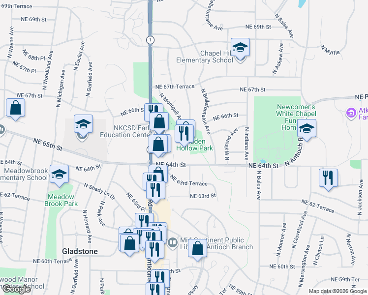 map of restaurants, bars, coffee shops, grocery stores, and more near 6447 North Prospect Avenue in Gladstone