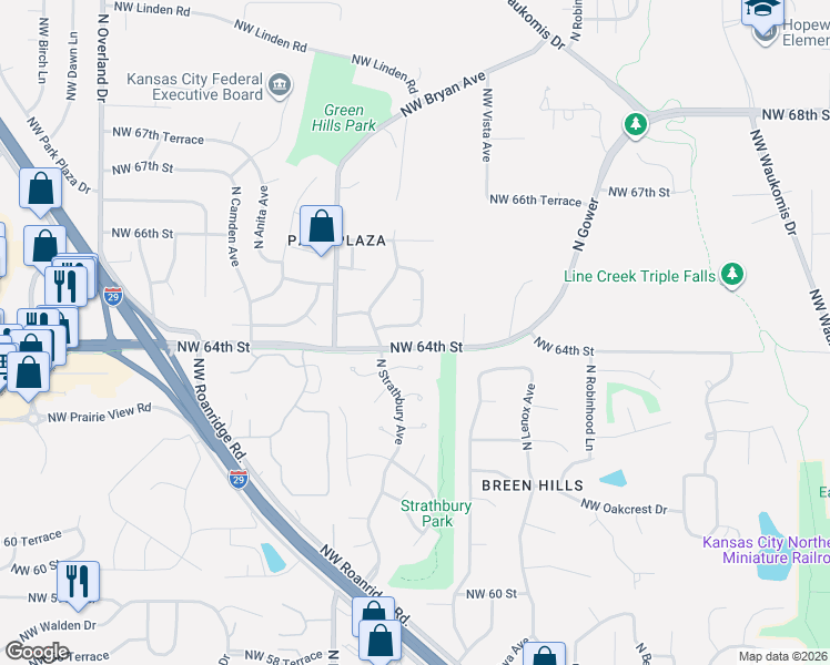 map of restaurants, bars, coffee shops, grocery stores, and more near 4108 Northwest 64th Place in Kansas City