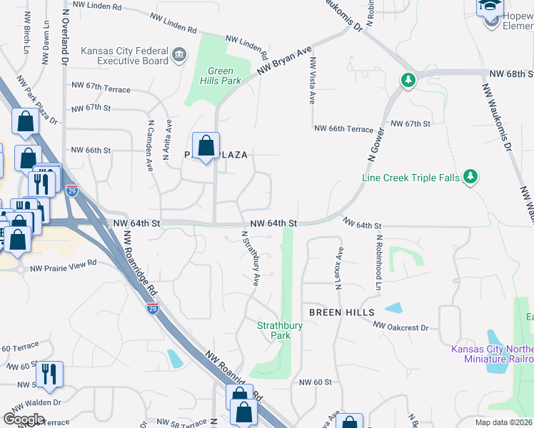 map of restaurants, bars, coffee shops, grocery stores, and more near 4108 Northwest 64th Place in Kansas City