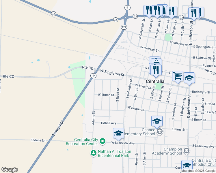 map of restaurants, bars, coffee shops, grocery stores, and more near 106 Sunset Lane in Centralia