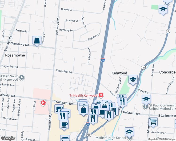 map of restaurants, bars, coffee shops, grocery stores, and more near 5705 Charteroak Drive in Cincinnati