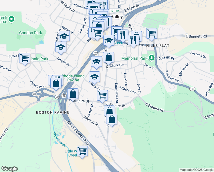 map of restaurants, bars, coffee shops, grocery stores, and more near 457 South Auburn Street in Grass Valley