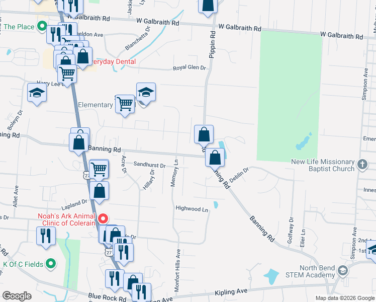 map of restaurants, bars, coffee shops, grocery stores, and more near 7156 Memory Lane in Cincinnati