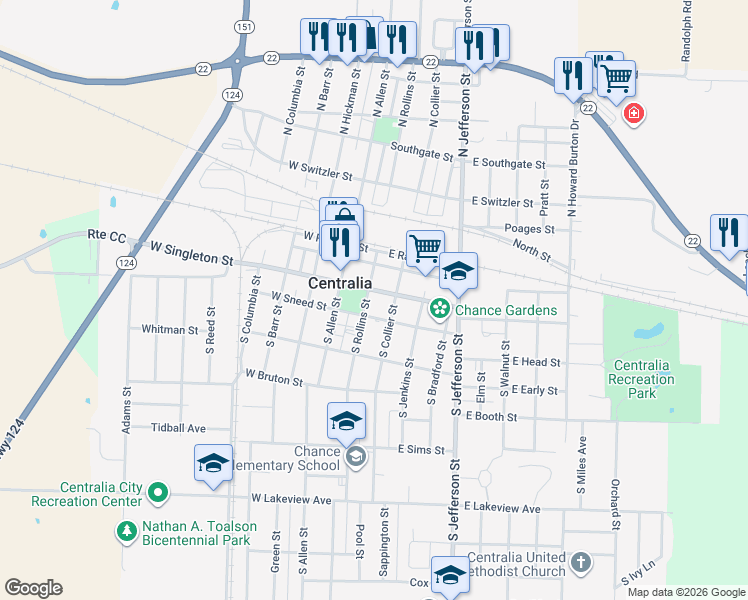 map of restaurants, bars, coffee shops, grocery stores, and more near 100-198 N Rollins St in Centralia