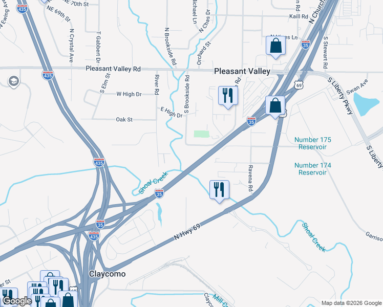 map of restaurants, bars, coffee shops, grocery stores, and more near 8007 South Church Road in Pleasant Valley