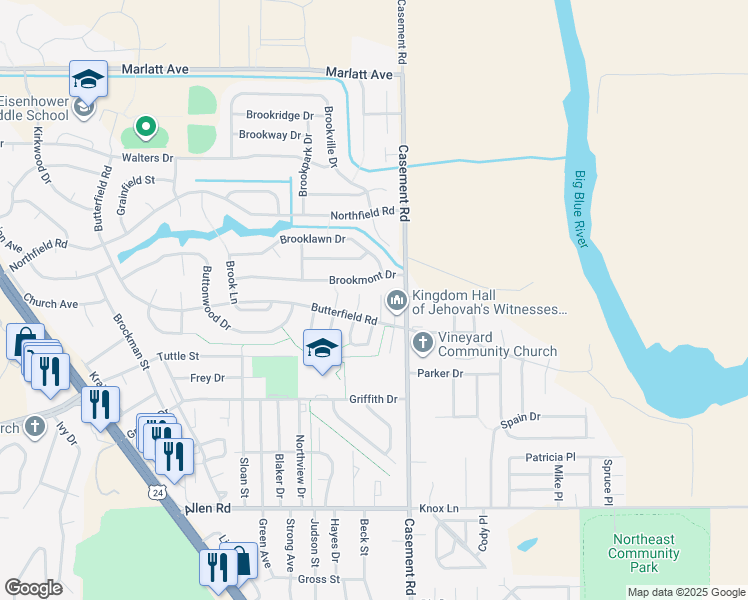 map of restaurants, bars, coffee shops, grocery stores, and more near 220 Brookmont Drive in Manhattan