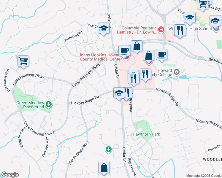 map of restaurants, bars, coffee shops, grocery stores, and more near 11200 Avalanche Way in Columbia