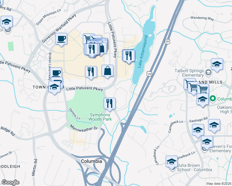map of restaurants, bars, coffee shops, grocery stores, and more near 10360 Swift Stream Place in Columbia