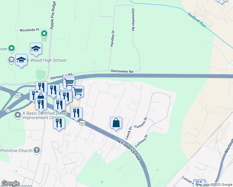 map of restaurants, bars, coffee shops, grocery stores, and more near 1345 Darlington Drive in Winchester