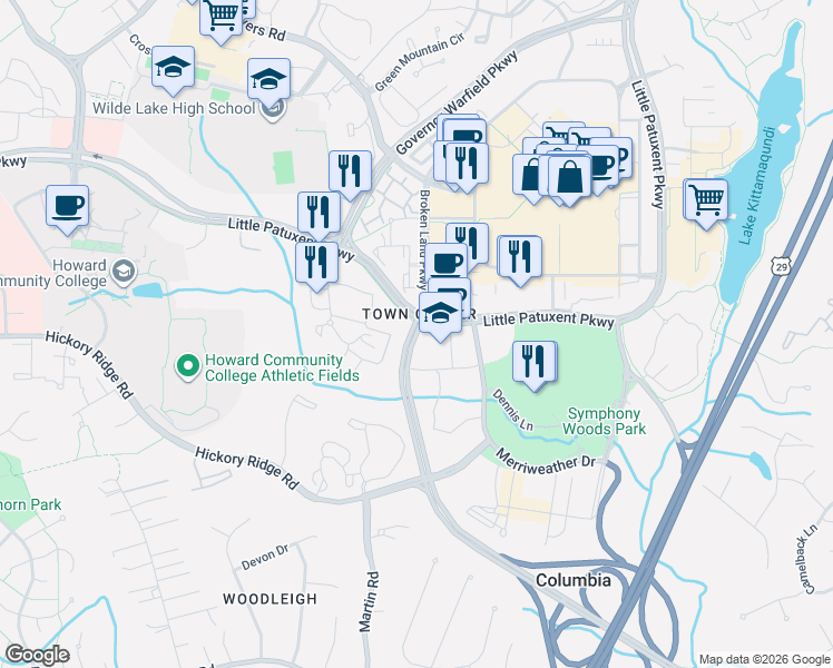 map of restaurants, bars, coffee shops, grocery stores, and more near Broken Land Parkway in Columbia
