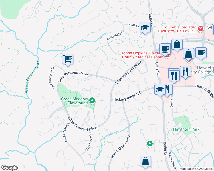 map of restaurants, bars, coffee shops, grocery stores, and more near 12217 Sleepy Horse Lane in Columbia