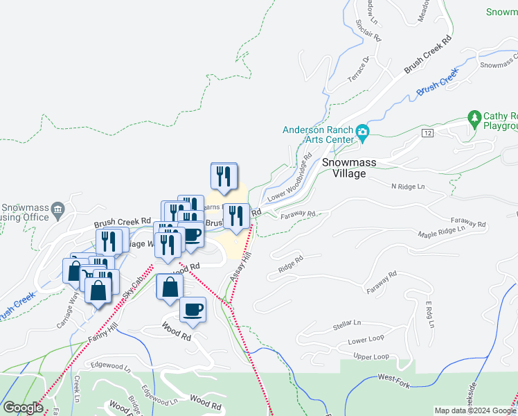 map of restaurants, bars, coffee shops, grocery stores, and more near 25-55 Upper Woodbridge Rd in Aspen