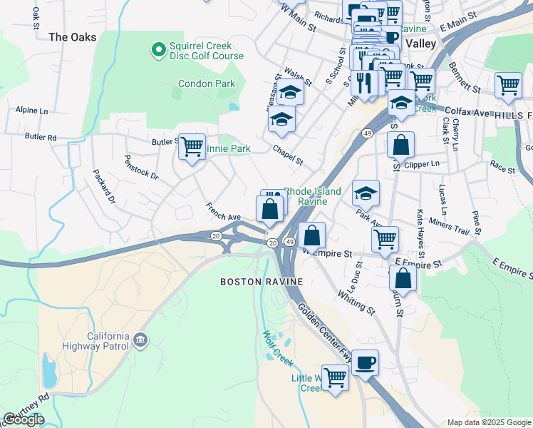map of restaurants, bars, coffee shops, grocery stores, and more near 226 Rhode Island Street in Grass Valley