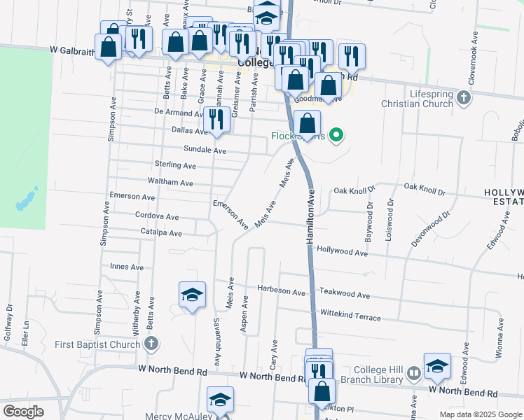 map of restaurants, bars, coffee shops, grocery stores, and more near 6519 Meis Avenue in Cincinnati