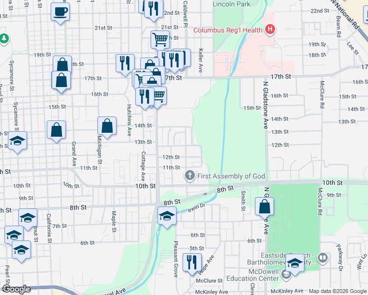 map of restaurants, bars, coffee shops, grocery stores, and more near 1305 Court Street in Columbus