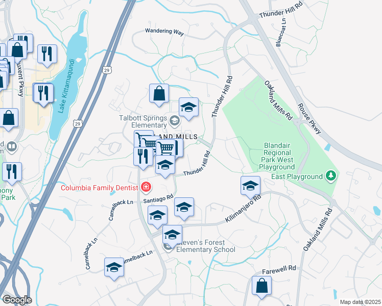 map of restaurants, bars, coffee shops, grocery stores, and more near 5870 Thunder Hill Road in Columbia