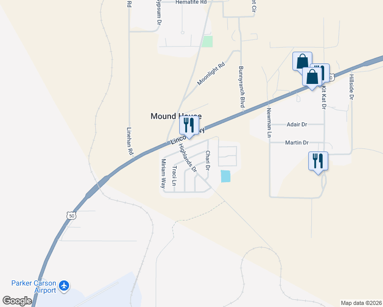 map of restaurants, bars, coffee shops, grocery stores, and more near 192 James Court in Mound House