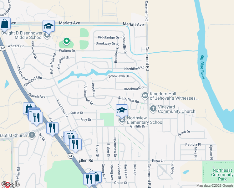 map of restaurants, bars, coffee shops, grocery stores, and more near 408 Brookmont Drive in Manhattan