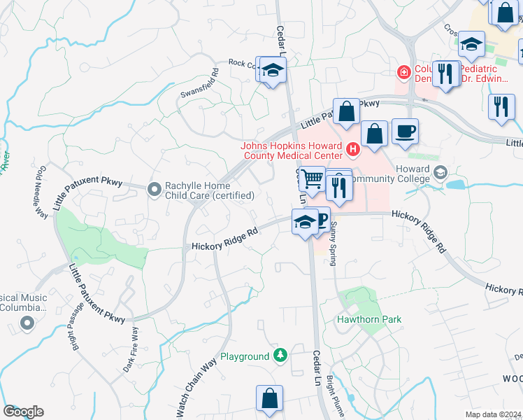 map of restaurants, bars, coffee shops, grocery stores, and more near 11251 Skilift Court in Columbia