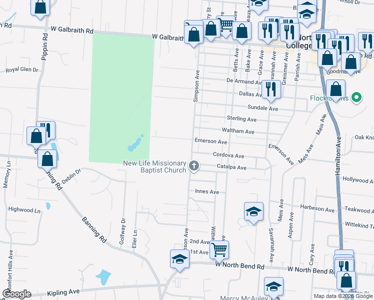 map of restaurants, bars, coffee shops, grocery stores, and more near 6505 Simpson Avenue in Cincinnati