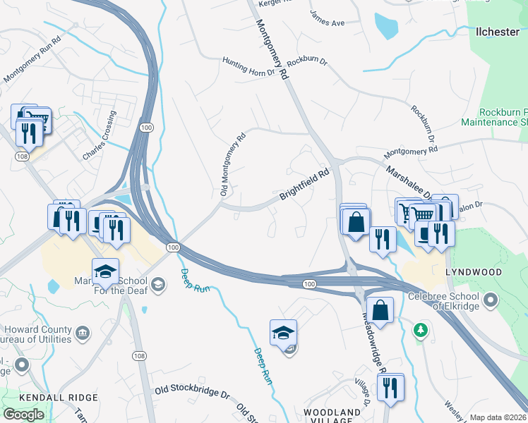 map of restaurants, bars, coffee shops, grocery stores, and more near 8000 Brightwood Court in Ellicott City